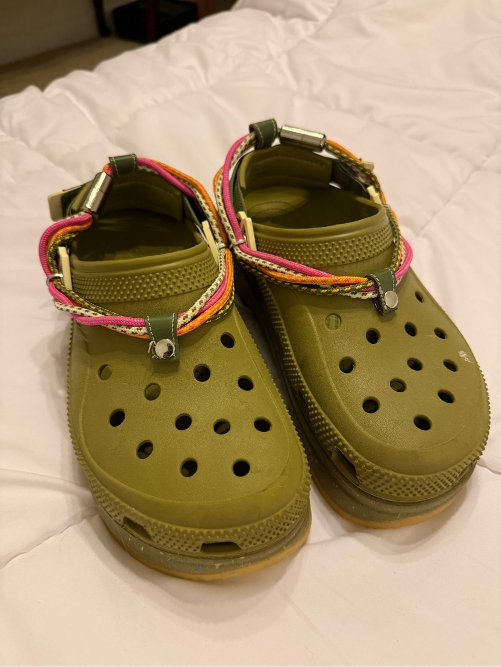 CROCS Olive Green Clog Sandals with Pink and Orange Accent Strap